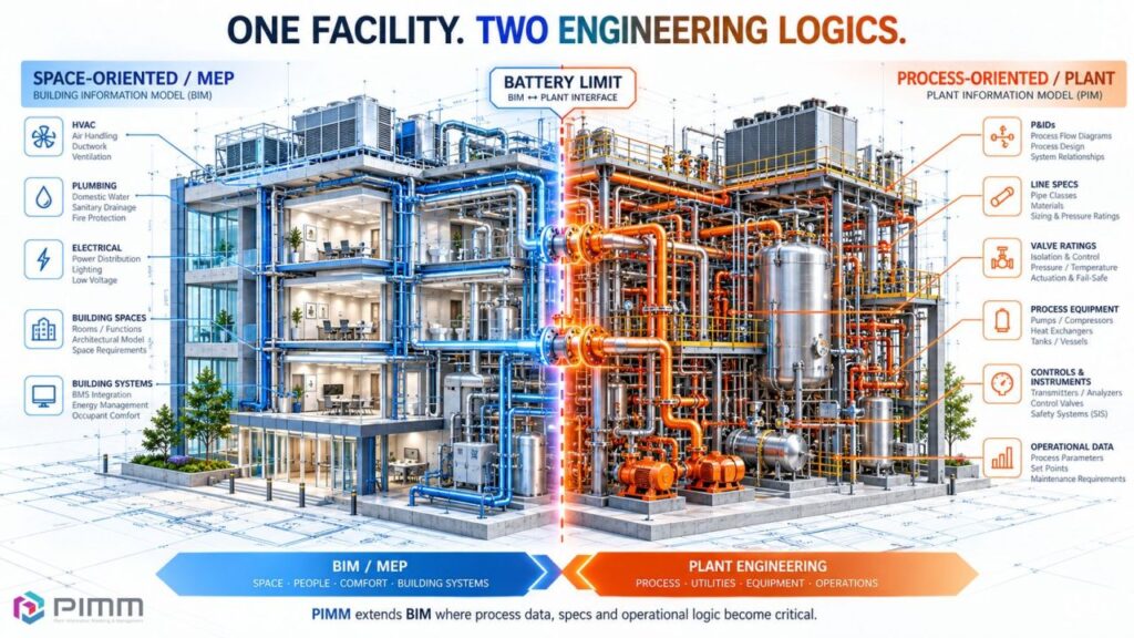 One facility, two engineering logics: BIM/MEP and plant engineering meet at the battery limit